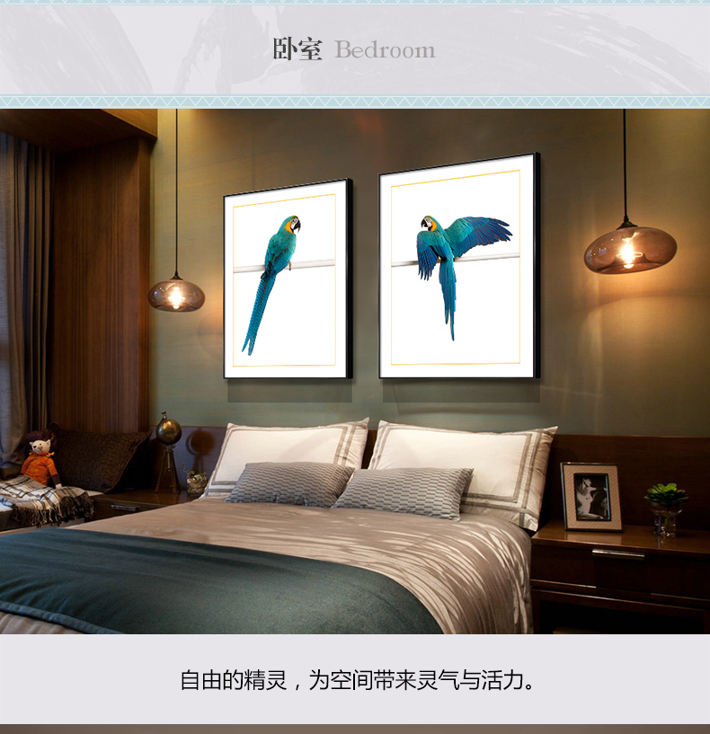 歐式輕奢動(dòng)物組合掛畫 臥室餐廳裝飾畫晶瓷畫  純手繪油畫 金剛鸚鵡