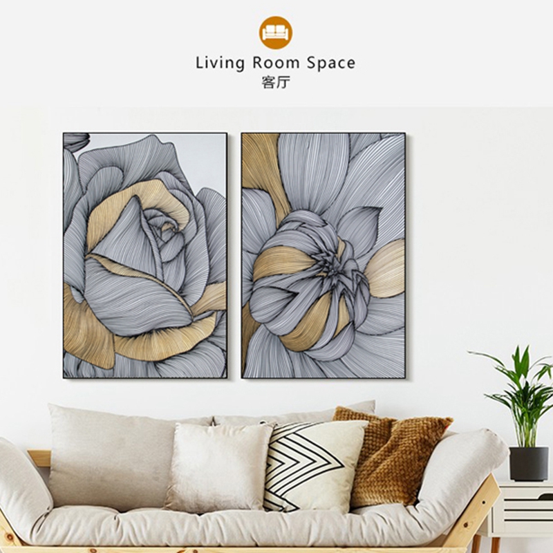 新中式客廳裝飾畫(huà) 餐廳原創(chuàng)純手繪線條畫(huà) 玄關(guān)環(huán)保PS框掛畫(huà) 花朵