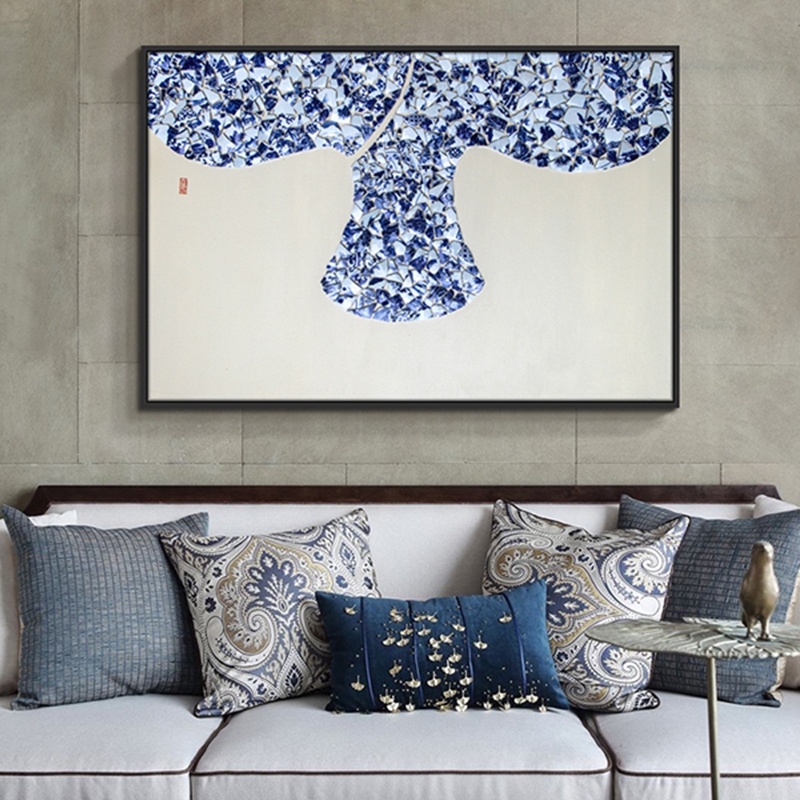 新中式客廳裝飾畫 餐廳原創(chuàng)純手繪青瓷畫 臥室環(huán)保PS框掛畫 青花瓷