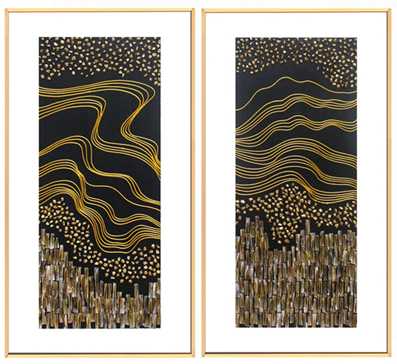 新中式客廳裝飾畫(huà) 餐廳原創(chuàng)純手繪線條貝殼畫(huà) 玄關(guān)鋁合金框?qū)嵨锂?huà)