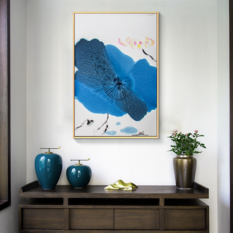 新中式客廳裝飾畫 臥室原創(chuàng)純手繪禪意圖 玄關(guān)鋁合金框掛畫 荷葉