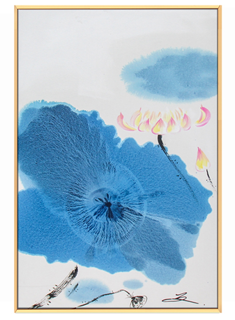 新中式客廳裝飾畫 臥室原創(chuàng)純手繪禪意圖 玄關(guān)鋁合金框掛畫 荷葉2