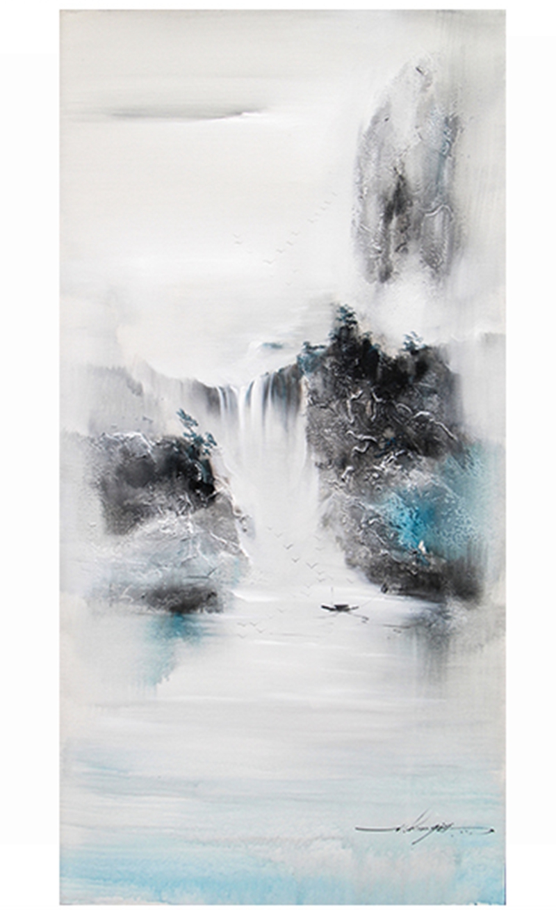 新中式客廳裝飾畫 書房原創(chuàng)純手繪山水畫 餐廳環(huán)保PS框掛畫 遠(yuǎn)山瀑布